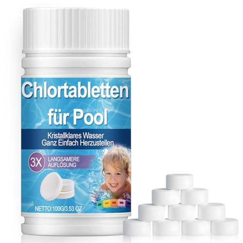 Mini Chlortabletten für Pool, 100 Stück Clortabellten Pool 5 in 1 Langzeit mit Desinfektion, Gegen Grünwasser und Trübungen, Stabilisiert Chlor- und Wasserwerte, für Whirlpool, Planschbeck usw. (100g)