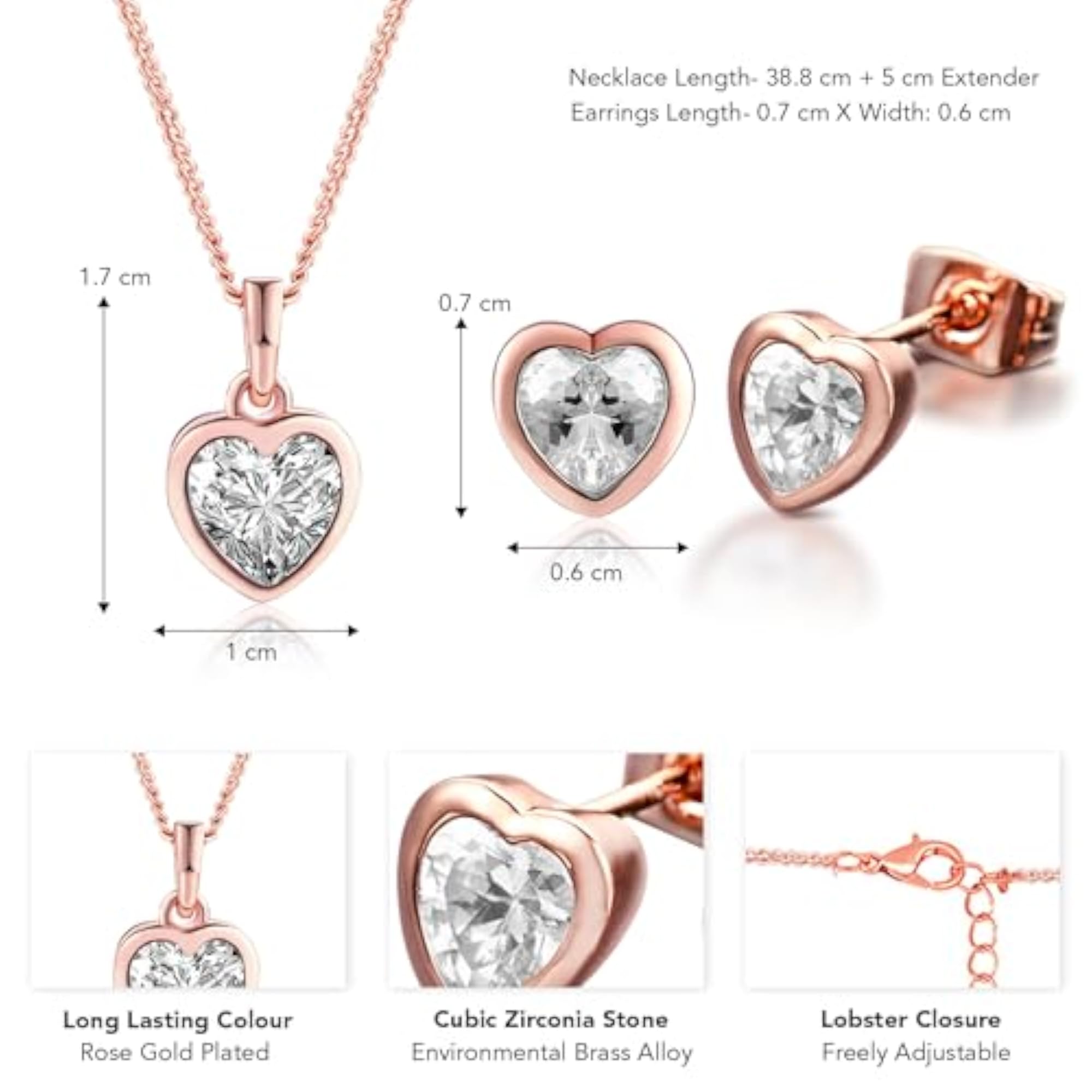 Heart Shape Cubic Zirconia Pendant Chain Stud Earrings Set
