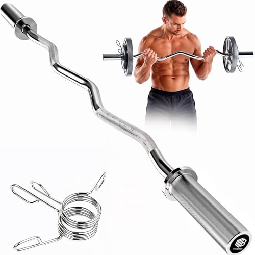 ManiBoom Barra Pesas Z Curly 120 cm de 8,5kg para Discos y Pesas de Ø50mm - Barra de MUSCULACION para Biceps y Triceps Halterofilia Crossfit - Barra Gimnasio con Cierres de Resorte (120 cm - Culry Z)