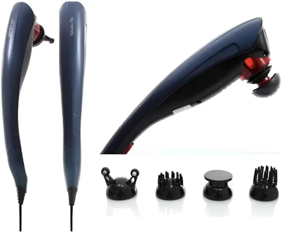 Massageador Elétrico Manual com Infravermelho, 4 Acessórios, Bolsa de Transporte, Azul e Prata escuro Bivolt