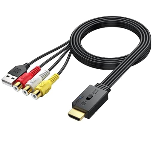 AUTOUTLET RCA a HDMI Conversor, 1080P AV a HDMI Adaptador soporta 16:9/4:3 de 150cm PAL/NTSC, AV a HDMI Adaptador con 60cm Cable RCA Hembra para Wii, PS1/PS2, Xbox, N64, Gamecube | Ya disponible en tu tienda friki favorita! En mundofriki.es!