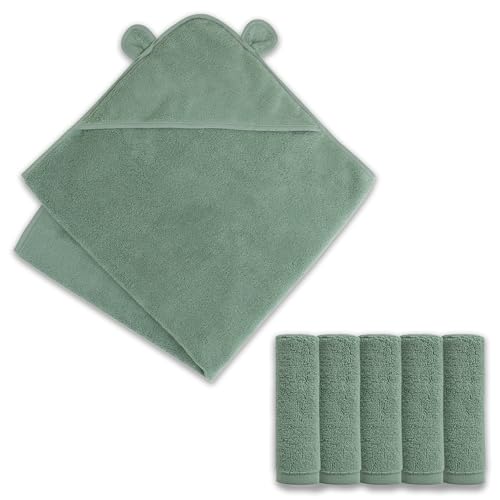 Image of Natemia Organic Cotton Essentials - 100% Organic Cotton Baby Hooded Towel and Washcloth Set (Sage)