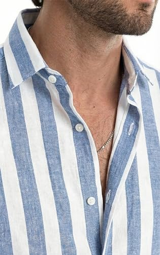 JMIERR Men's Casual Stylish Short Sleeve Button-Up Striped Dress Shirt Cotton Beach Shirts