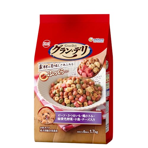グランデリ ドッグフード ソフト ふっくら仕立て ビーフ・さつまいも・鶏ささみ・緑黄色野菜・小魚・チーズ・角切りビーフ粒入り 1.7kg 国産 ユニチャーム