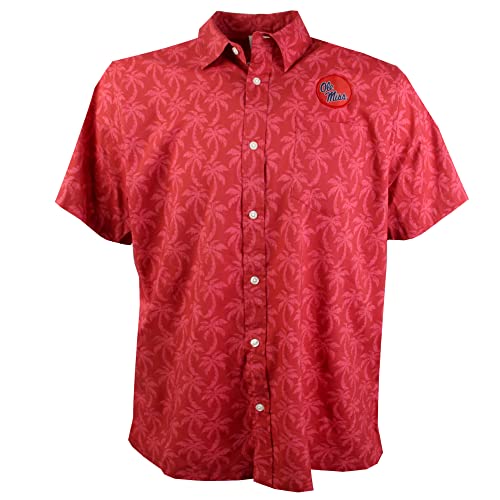 Wes and Willy Mens College Palm Tree Button Up Hawaiian Shirt (Ole Miss Rebels, Large) Red