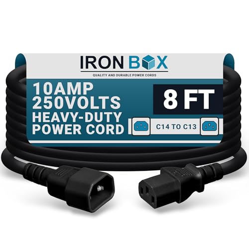 IronBox Electric C14 to C13 Power Cord - 10A/250V, 18/3 AWG SJT - UL Listed IEC Cable & Jumper Cords - Heavy Duty Power Extension Cord for Desktop Computer, Monitor, Projector, PDU & More (8ft, Black)