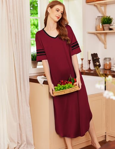 Image of Ekouaer Long Nightgown, Womens V Neck Loungewear Oversized Sleepwear Loose Sleep Dress S-4XL