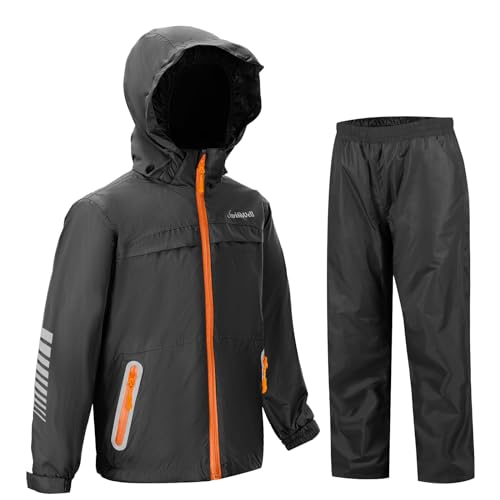 SWISSWELL Kids Rain Gear Boys Girls Youth Waterproof Rain Suit Breathable Reflective Raincoat and Pants Black/Orange 10-12 Years