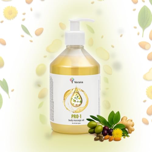 Verana Aceite de masaje PRO-1, aceite base, profesional, sin olor, 100% natural, orgánico, vegano, aceite universal, para cuerpo, cara, cabello, uñas, pies, oreja, estrías, anticelulitis (500 ml)