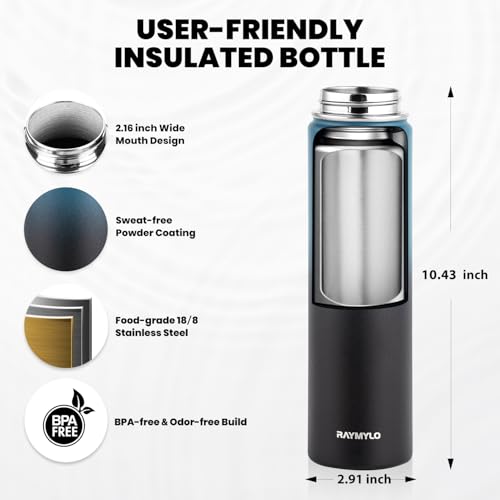 Image of RAYMYLO Insulated Water Bottle 24 oz, Triple Wall Vacuum Stainless Steel (Cold for 24Hrs, Hot for 12Hrs), Leak Proof & Non-BPA, Modern Water Flask Jug with Paracord Handle & Straw Spout Lids