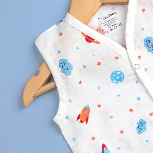 Image of Kidbea Newborn Baby Jhabla Muslin Cotton Clothes for Boys & Girls | Soft Breathable, Cute Printed Sleeveless Baby Wear with Button Closure
