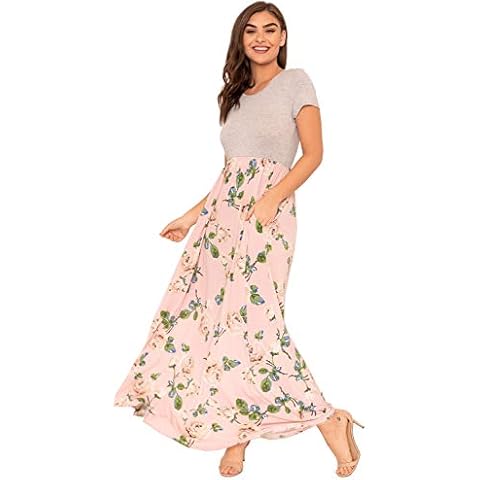 Egs by Eloges Romantic Short Sleeve Floral Tie Dye Paisley Maxi Plus Summer Loose Casual Long Dress Pockets (Large, Grey/Pink Floral) Cover