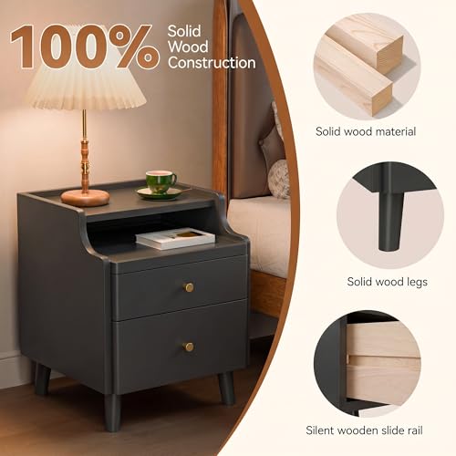 Image of Nightstand Set of 2, Pre-Assembled, 19.7 inchH Solid Wood Night Stand with 2 Drawers, Open Sliding Shelf, Mid Century Modern Small Bedside Table for Bedroom, Black 16 inch