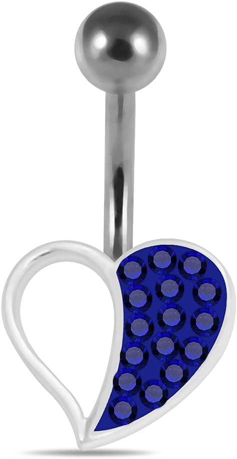 Multi Crystal Gemstone Colorful Cut Out Half Heart Design 925 Sterling Silver with Stainless Steel Belly Ring - Belly Button jewelry - Navel jewelry