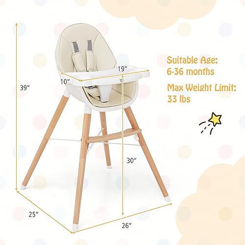 Image of BABY JOY Baby High Chair, Wooden High Chair for Babies & Toddlers with Dishwasher Safe Double Removable Tray, Infant Feeding Chair with 5-Point Safety Harness & Detachable PU Seat Cushion (Beige)