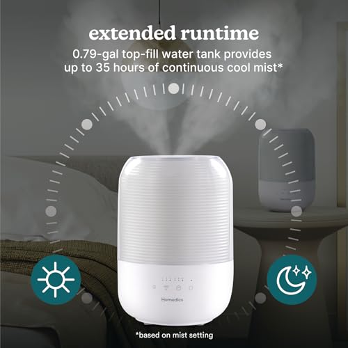 Homedics Ultrasonic Cool Mist Humidifier, Top-Fill 3L Water Tank, Covers 395 sq. ft, 35-Hour Runtime, 3 Mist Settings, Clean Tank Tech, Auto-Off, Night Light, Quiet by Homedics - Image 7