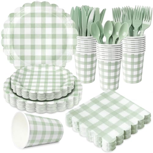 175 PCS Sage Green Gingham Party Supplies Includes Green Gingham Paper Plates Cups Napkins Cutlery for Wedding Bridal Shower Birthday Baby Shower Party Decorations Serves 25