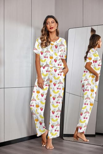 Image of Ekouaer Womens Satin Silky Pajama Set Short Sleeve Shirt with Long Pajama Pant Set Soft PJ Loungewear