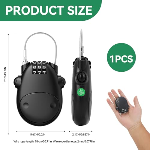 Candado Retráctil con Combinación de 3 Dígitos, Cable de Acero de 77 cm para Casco Moto, Bicicleta, Scooter, Maletas y Mochilas | Candado Antirrobo Compacto y Seguro para Moto y Bici - imagen 2