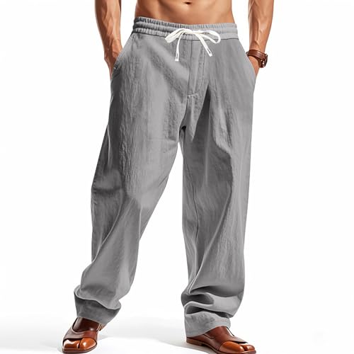 Hawyet Cotton Linen Pants for Men Elastic Waist Drawstring Lightweight Breathable Loose Fit Baggy Style Travel Pants2
