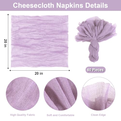 60 Pack Lavender Cheesecloth Napkins 20"x20" Boho Gauze Cheese Cloth Napkins Bulk Washable and Reusable Rustic Dinner Table Decor for Wedding Baby Bridal Shower Birthday Dinner Party by flowgrace - Used condition - Image 2