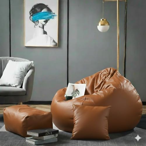 Image of Luxury 5XL Jumbo Bean Bag with Footrest & Cushion | Premium Leatherette | High-Density Beans Filled | Heavy Duty Double Stitch | 6 Months Warranty Color- (Navy Blue) (TAN)