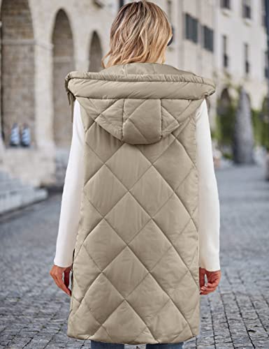 Merokeety Womens Winter Mid Long Zipper Puffer Vest Hooded Sleeveless Lightweight Jacket Coats, Khaki, S #TOP3
