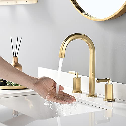 Brushed Gold 8 Inch 2 Handles 3 Holes Hexagonal Widespread Bathroom Faucet By Phiestina, Bathroom Sink Faucet With Stainless Steel Metal Pop Up Drain,Ns-Wf001-6-Bg #TOP7