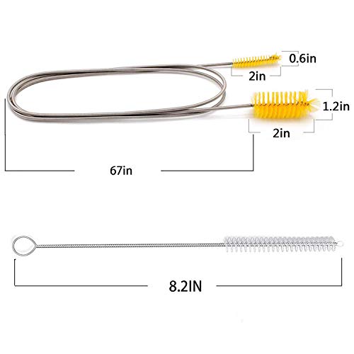 Flexible Drain Brush,Nylon Double Ended Elastic Hose Pipe 67-inch and 2 PCS 8.2-inch Straw Cleaning Brush
