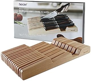 hecef in-Drawer Knife Organizer Storage, Beech Wood Knife Holder Fit for 15 Kitchen Knives, Knife Block Without Knives for Home Cooking Chef, 15 Slots