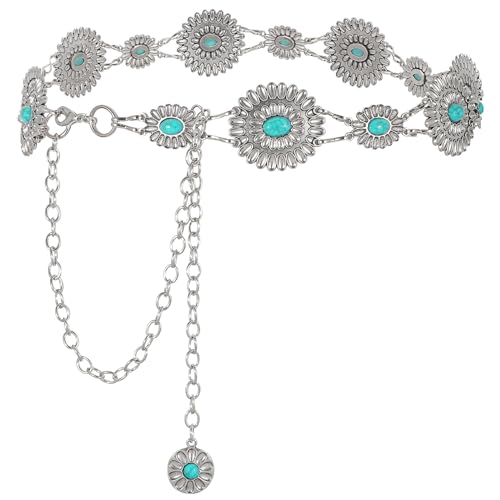 Image of WHIPPY Women Concho Chain Belt Metal Link Western Cowgirl Turquoise Chain Belt for Dress