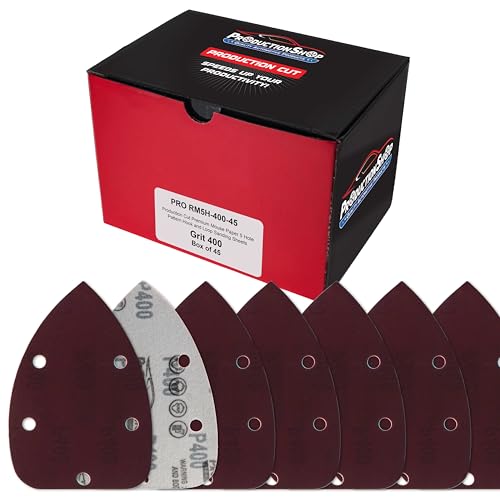 ProductionShop Premium 400 Grit 5-Hole Pattern Mouse Detail Sander Sandpaper Sheets, Box of 45 - Dustless Hook & Loop Triangle Shaped Mouse Disc Pads - Woodworking Tool Sand Wood Furniture Auto Paint