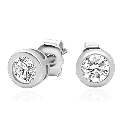 Spoil Cupid Rhodium Plated 925 Sterling Silver Cubic Zirconia Round Bezel Set Stud Earrings, 3mm Stone