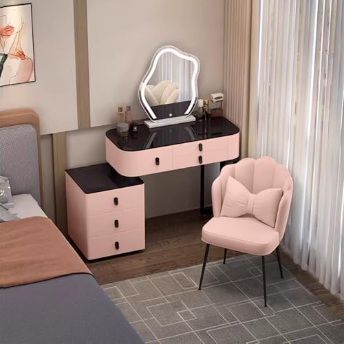 Mesa de tocador de maquillaje LED con cajones, tocador para niñas con guías de metal, juego de tocador con silla y armario lateral, muebles de maquillaje con patas de metal