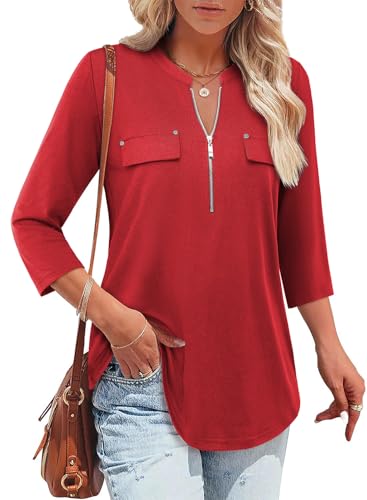 Image of Womens 3 /4 Sleeve Tops Plus Size V Neck Zipper Business Casual Blouses for Office & Going Out Soft Knit Tunics, M-3XL