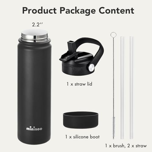 Image of Mininoo 24 oz Insulated Ceramic-Lined Water Bottle with Straw, Black