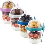 EYNEL 4 Pack 17 oz Small Breakfast On The Go Yogurt Parfait Cups, Reusable Plastic Containers with Lids and Spoons, Perfect Jars for Overnight Oats Cereal Granola Oatmeal