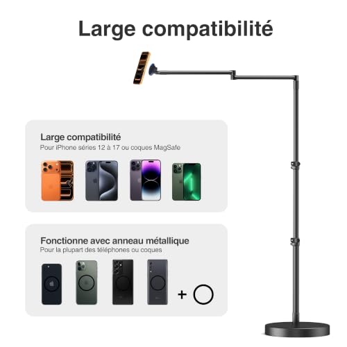 elitehood Support de téléphone magnétique solide en aluminium pour lit avec base robuste, bras de 63,5 cm de long, support de sol robuste pour iPhone pour lit, canapé inclinable, support de téléphone – vue 8