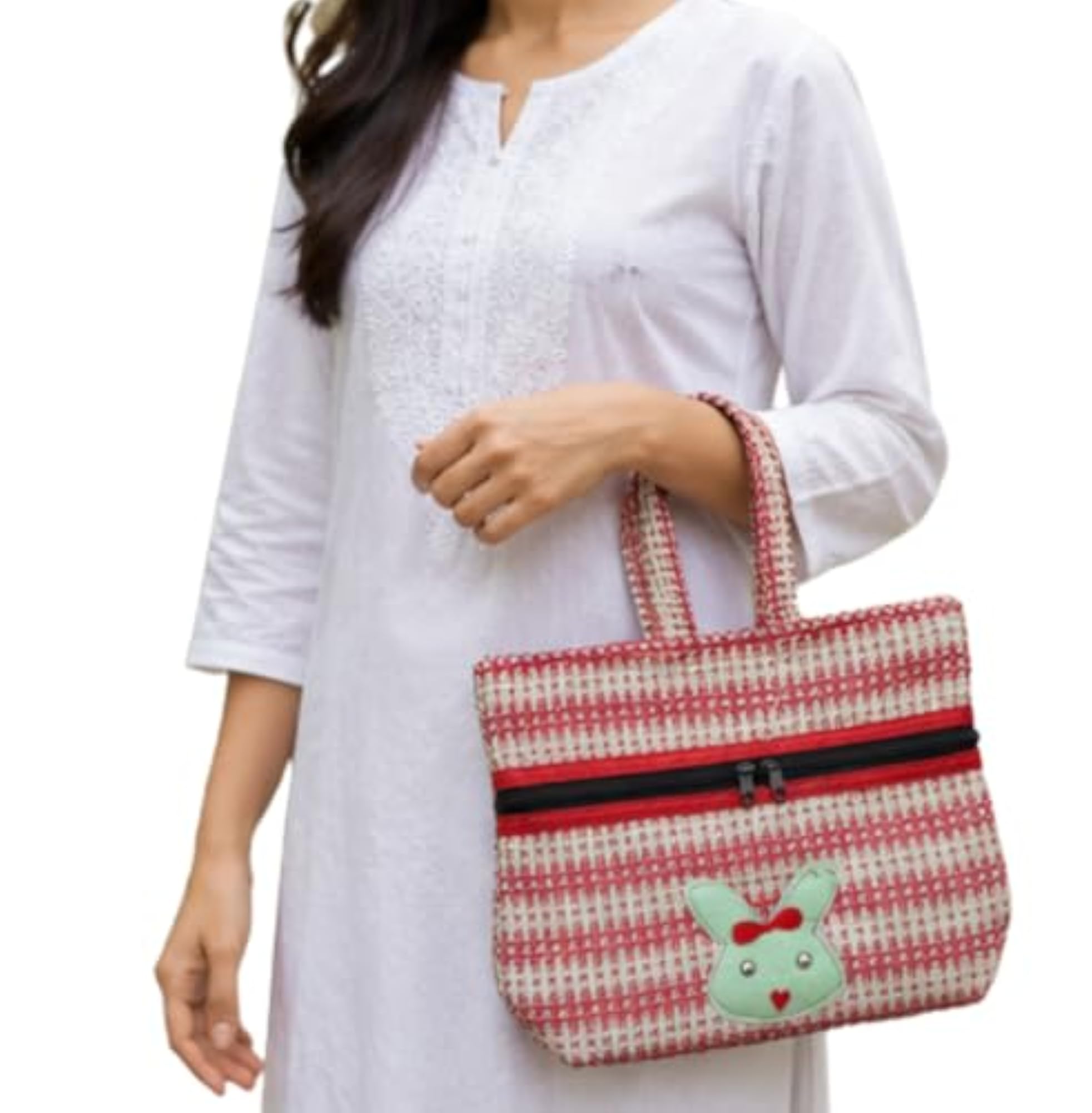 Handcrafted Woven Fabric Tote Bag, Red and White
