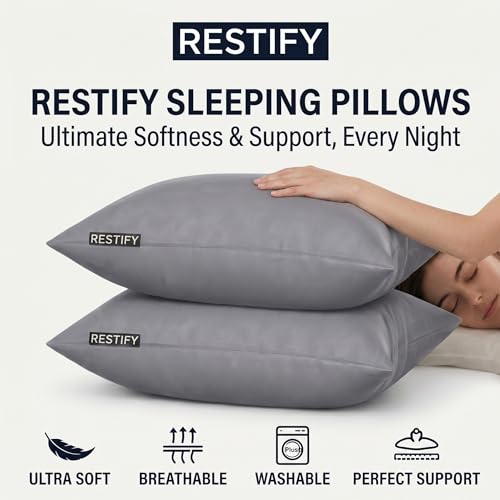 Image of Restify Microfiber Bed Pillow Pack of 2, 24 x 16 Inch Grey | Ultra Soft Sleeping Pillows for Adults | Breathable Velvet Cover | Hotel Quality Pillow for Back, Side & Stomach Sleepers