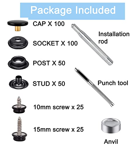 350Pcs Canvas Snap Kit, Betterjonny Stainless Steel Screws Snaps Marine Grade Canvas Upholstery Boat Snaps Fastener Press Stud Cap With 3 Setting Tools Material Hole Punch For Diy Cover Leather Black #TOP1