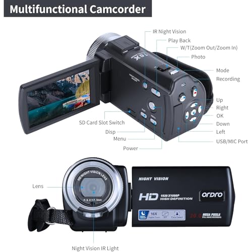 ORDRO V12 Video Camera Camcorder Full HD 1080P 30FPS Infrared Night Vision Camera 3.0 Inch LCD Screen 16X Zoom Camcorders with 16GB Memory Card Remote Control and 2 Batteries - Image 4