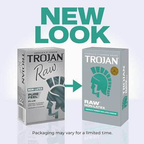 Image of Trojan Raw Non-Latex Lubricated Thin Condoms for Men, America's Thinnest Latex-Free Condoms, Pure Feel Technology, Made from Polyurethane, Helps Reduce Risk of Pregnancy and STIs, 10 Count (Pack of 2)