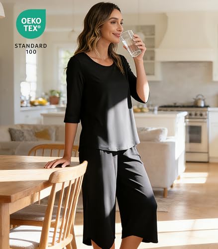 Image of NACHILA Bamboo Viscose Womens 3 /4 Sleeve Pajamas Sets with Capri Pants