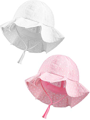 2 Pieces Baby Sun Hat Adjustable Wide Brim Bucket Hat UV Sun Protection Hat for Baby Girl Boy Infant Kids Toddler White and Pink