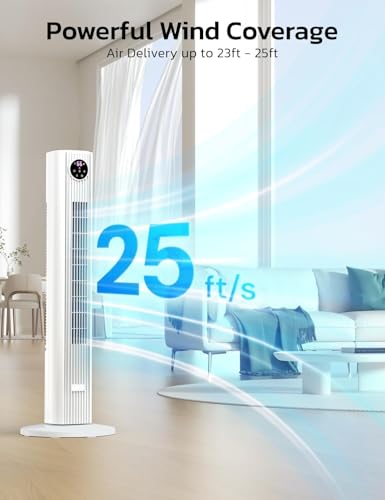 Image of ZAFRO Tower Fan for Bedroom, 90 Oscillating Fan with 3 Speeds, 4 Modes, 25ft /s Velocity, 12H Timer, Standing Fan for Bedroom, Living Room, Office, White, 36 Inches