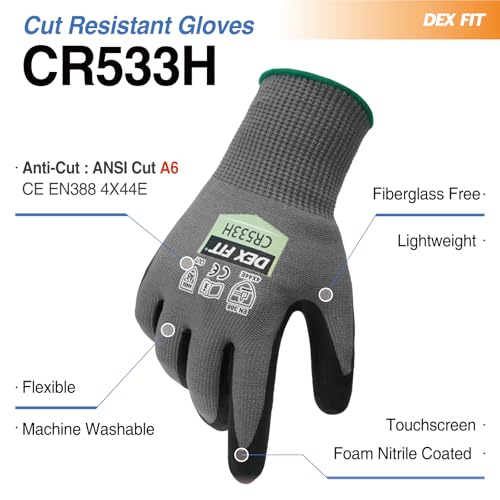 Image of DEX FIT Cut Resistant Gloves, 3D Comfort Fit, No Itch, Firm Grip, Soft & Durable, Touchscreen Compatible, Dexterity; CR533H A6, Gray M (8) 1 Pair