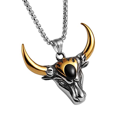 Hzman Men's Stainless Steel Pendant Vintage Bull Head Necklace 22+2 Inch Chain（Buffalo） #TOP1
