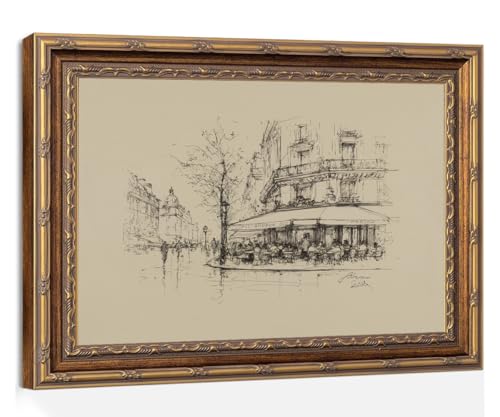 Vintage Paris Street Cafe Sketch Wall Art Print, Gold Framed European Cityscape Poster Living Room and Bedroom Decor 8x10 Inch