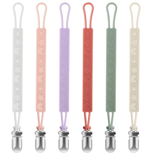 Image of Tender Babe Silicone Pacifier Clip Holder for Baby Girls and Boys, Pack of 6 Soft Flexible Paci Binky Clips with One Piece Design